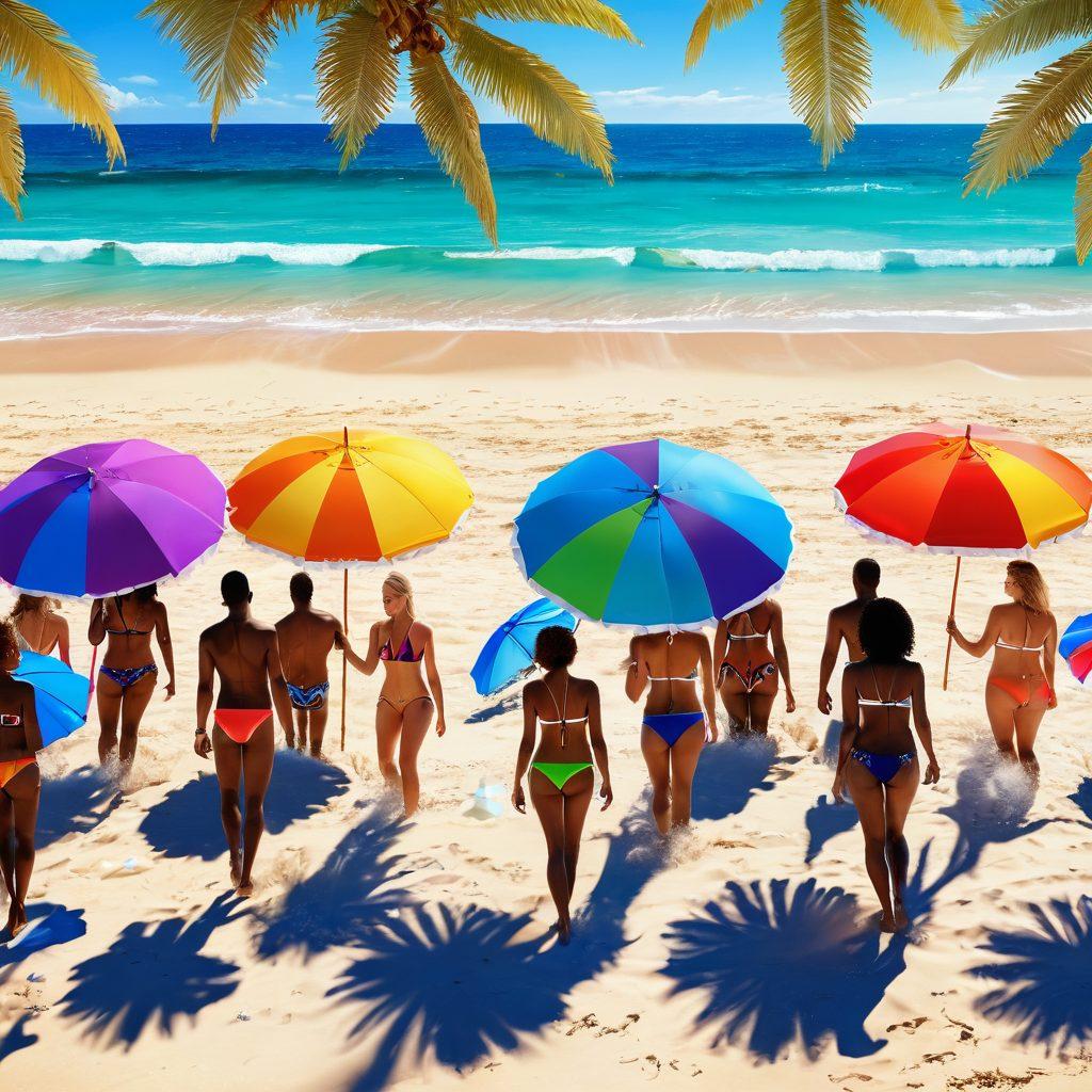 A stunning beach scene featuring a diverse group of people in fashionable and seductive swimwear, enjoying playful moments in the sun. Include vibrant beach umbrellas, crystal-clear ocean waves, and a picturesque sunset in the background. Capture the essence of summer fun and allure with glistening sand and joyful expressions. super-realistic. vibrant colors. 3D.