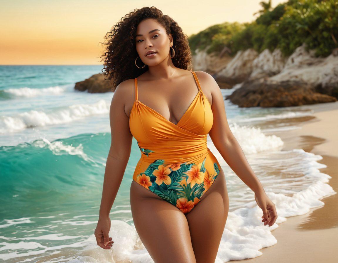 A stunning beach scene showcasing elegant adult swimwear in a variety of styles, from chic bikinis to artistic nude beach elements. Highlight models of diverse backgrounds celebrating body positivity, sunbathing, and enjoying the waves. Surround them with vibrant tropical flora, soft golden sand, and a shimmering azure ocean in the background. Add a whimsical sunset casting warm hues over the scene to evoke a sense of fantasy and freedom. super-realistic. vibrant colors. 3D.